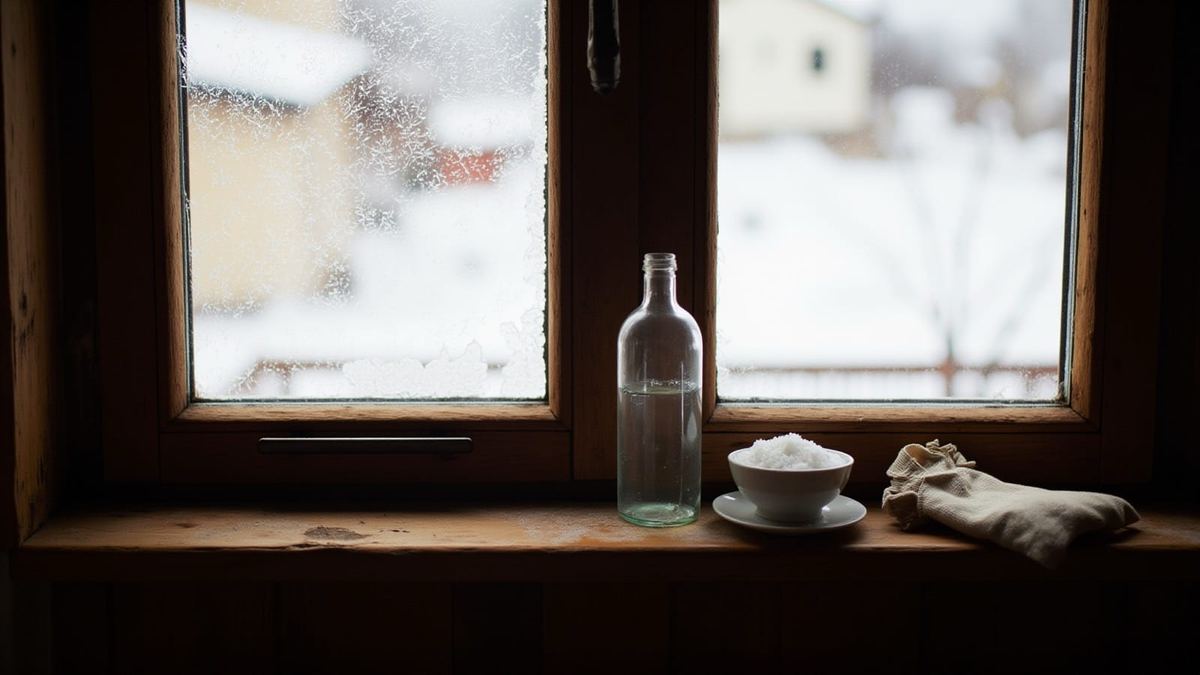 Fensterbank im Winter mit Flasche, Schälchen Salz und Stoffbeutel