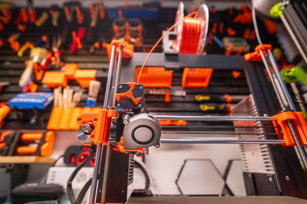 3D-Drucker mit orangem Filament in einer Werkstatt
